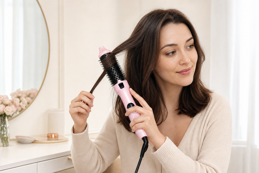 Woman safely using a pink heated styling brush on dry brunette hair