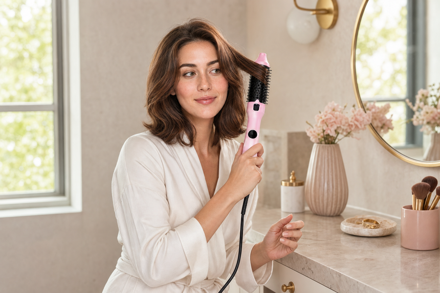 Woman refreshing dry second-day brown hair with a pink thermal styling brush at a home vanity