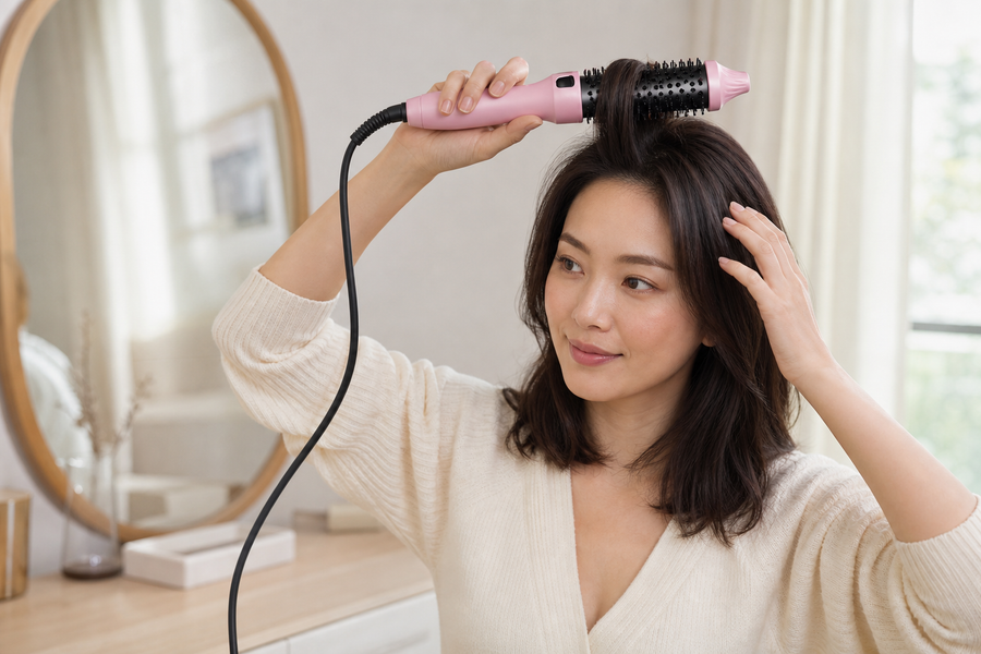 Woman creating soft root volume in dry dark hair with an unbranded pink thermal styling brush
