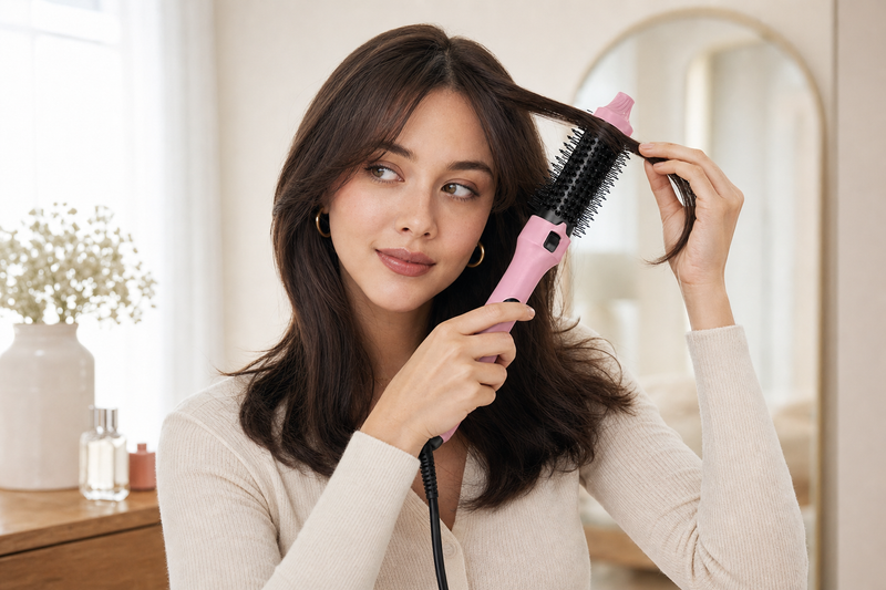 Woman styling dry curtain bangs outward with an unbranded pink thermal styling brush in a sunlit dressing room