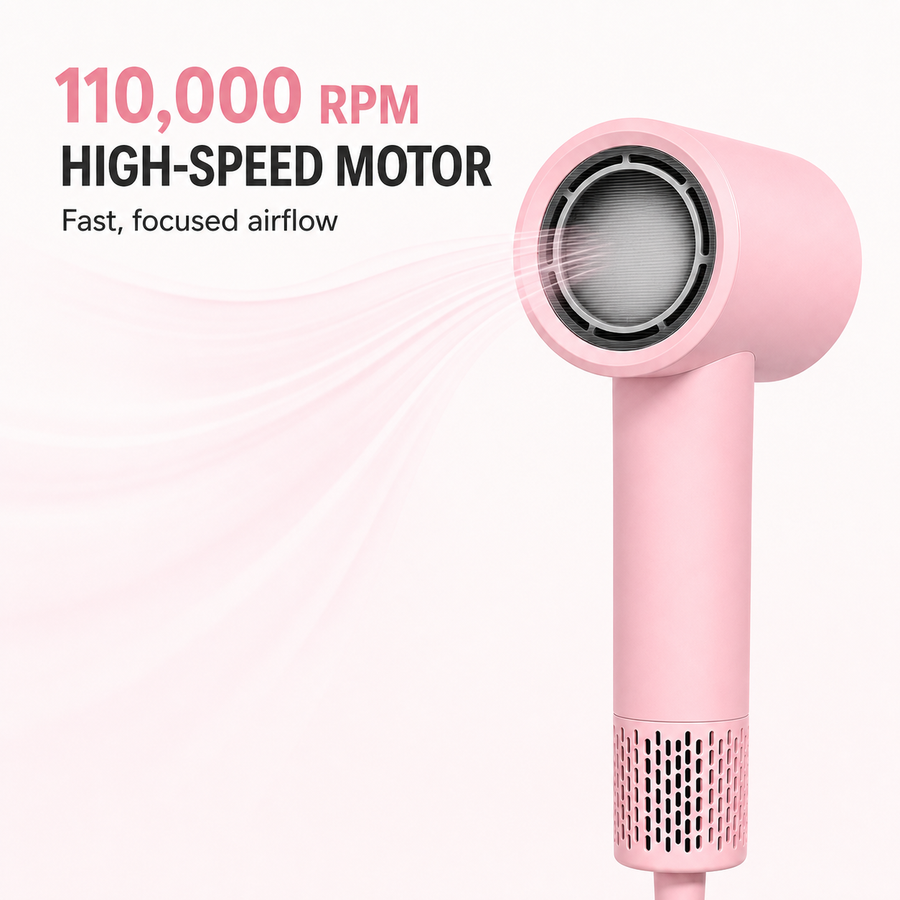 KONSOE Blush Halo hair dryer highlighting the 110,000 RPM high-speed motor