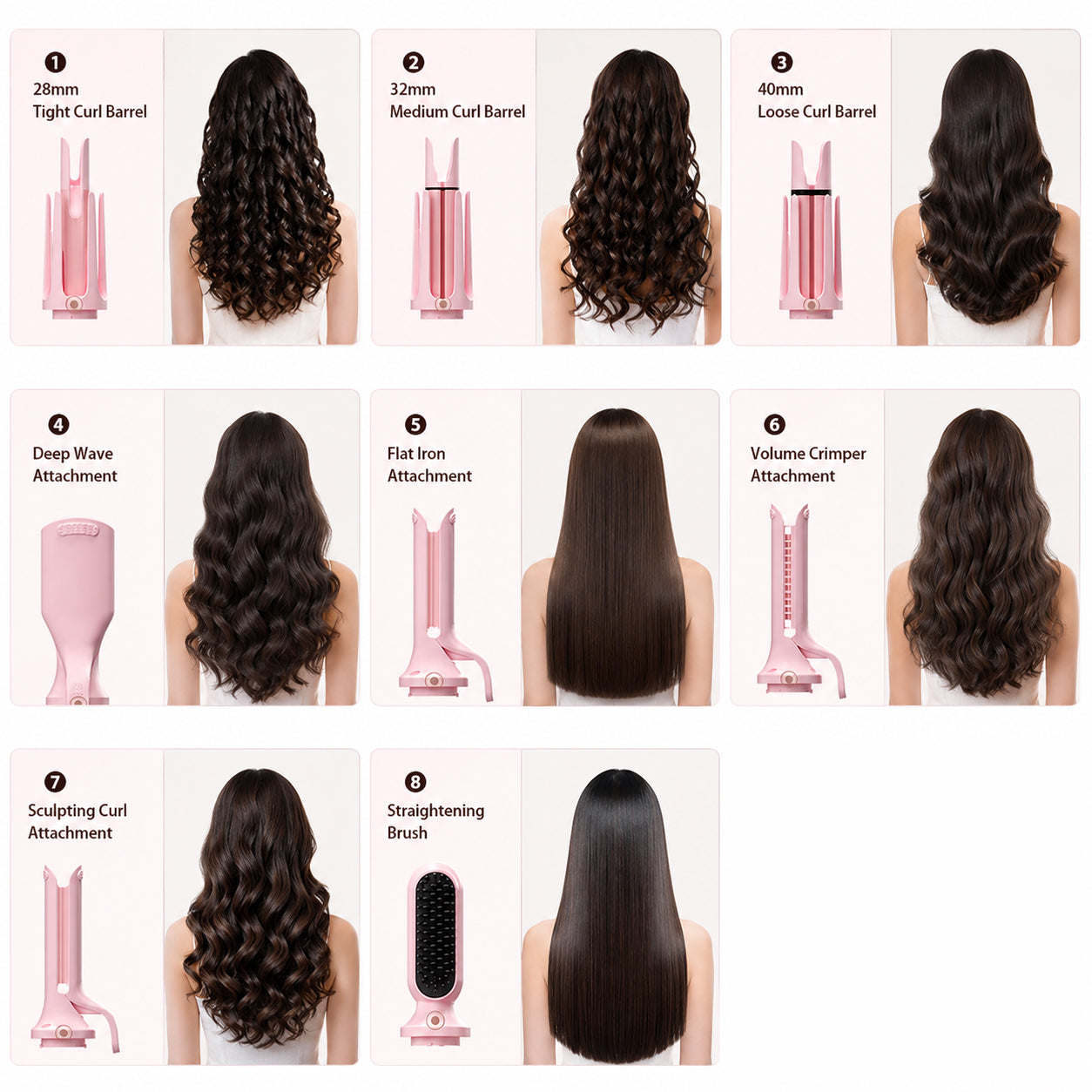 KONSOE 8-in-1 attachment guide showing curls, waves, volume, crimped texture and straight styles