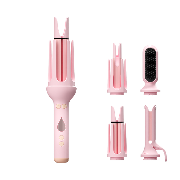 Pink KONSOE styling wand with four curl, brush and sculpting attachments