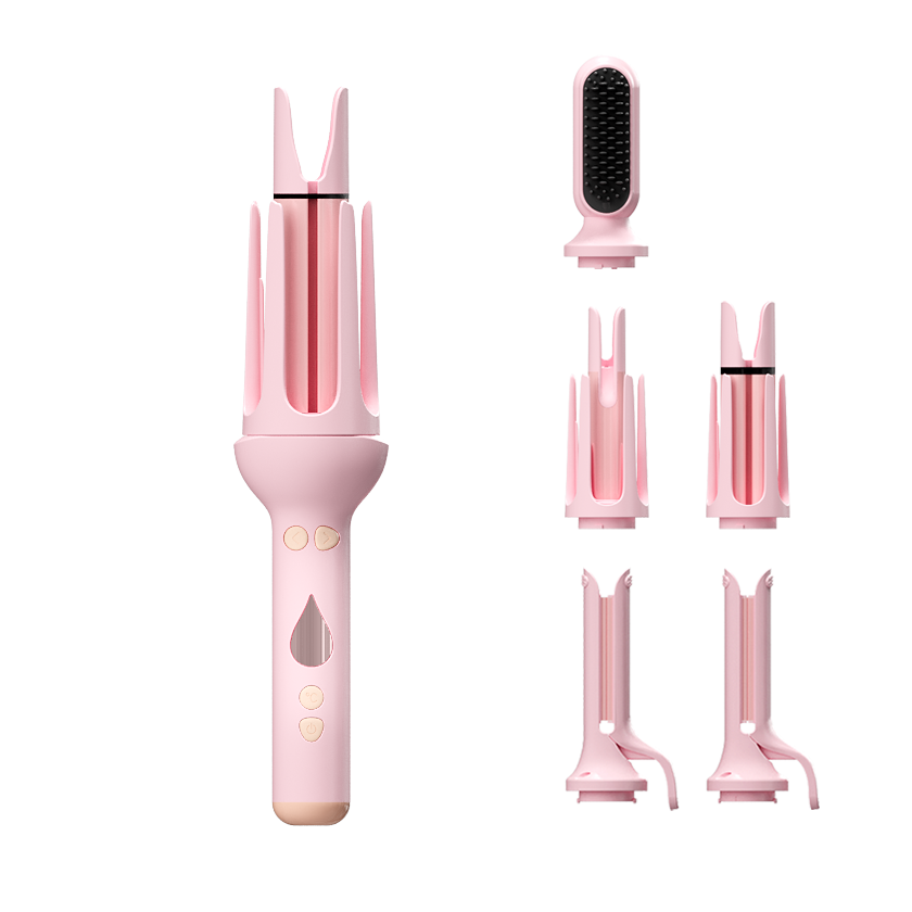 Pink KONSOE styling wand with six interchangeable curl, brush and styling attachments