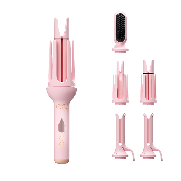 Pink KONSOE styling wand with six interchangeable curl, brush and styling attachments