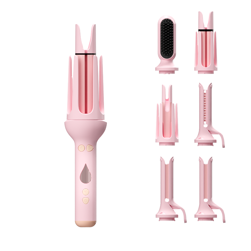 Pink KONSOE styling wand with the full set of interchangeable attachments