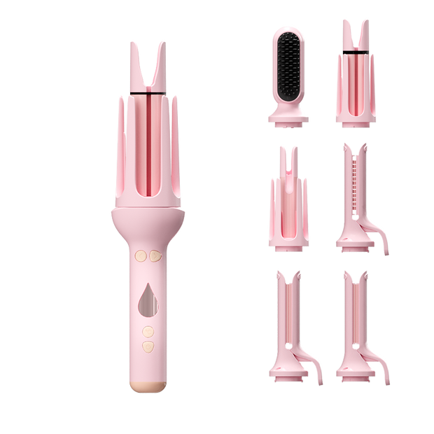 Pink KONSOE styling wand with the full set of interchangeable attachments