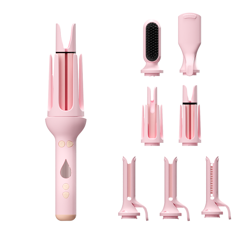 Pink KONSOE 8-in-1 styling wand with seven interchangeable attachments on black