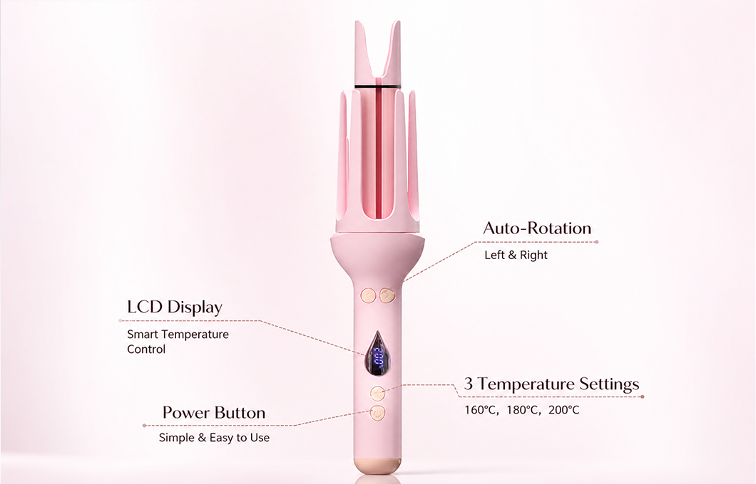 KONSOE styling wand controls for auto rotation, LCD temperature display and three heat settings