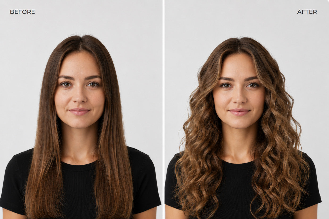Before and after showing long straight hair styled into tight curls with a 28 mm curling barrel