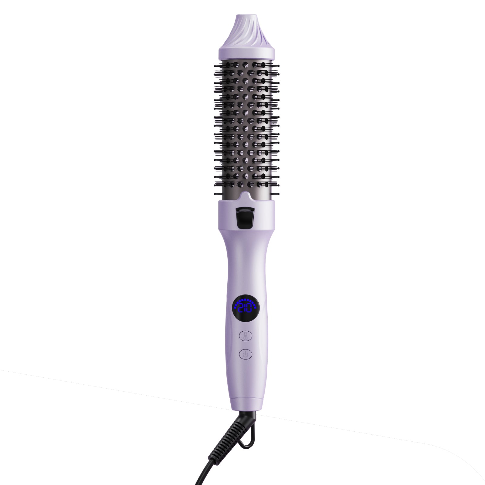 Lavender electric thermal styling brush with digital display on white