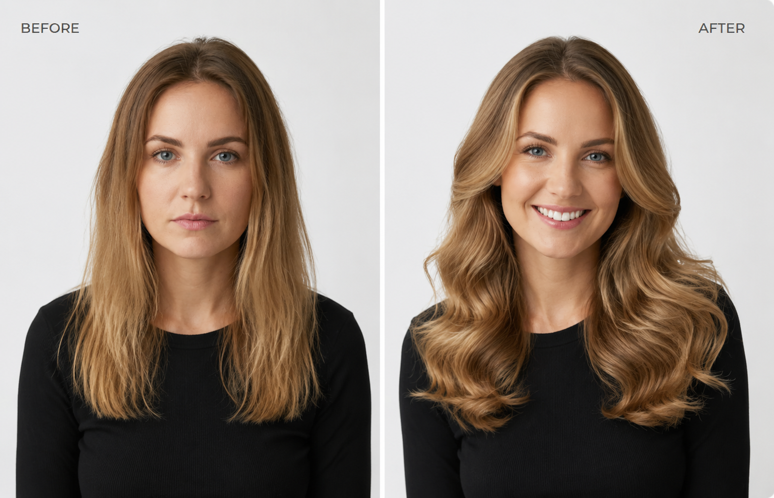 Before and after showing straight hair styled into medium curls with a 32 mm curling barrel