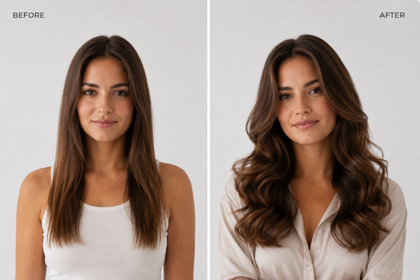 Before and after showing long straight hair styled into loose curls with a 40 mm curling barrel