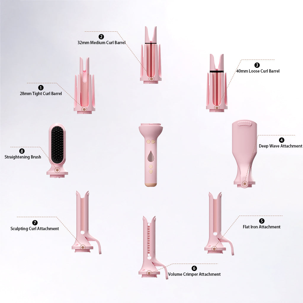 Pink interchangeable styling system with labeled curling, straightening, crimping and volume attachments