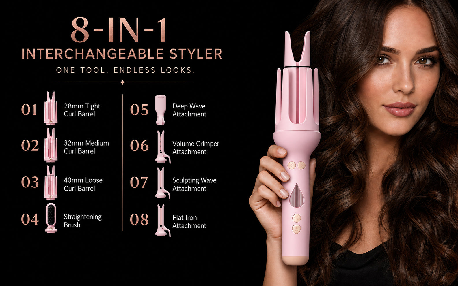 KONSOE 8-in-1 interchangeable styler with a model and eight labeled attachments