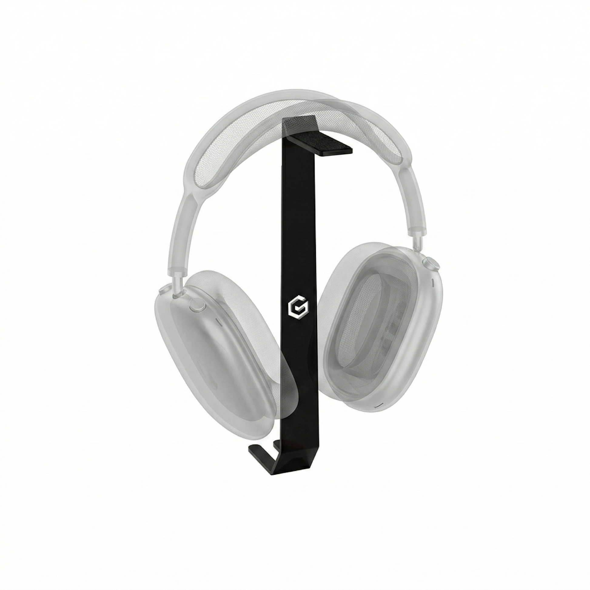 Black modular headphone holder by KONSOE for Setup Cockpit, displaying Apple AirPods Max, Sony, Bose, Sennheiser, Beyerdynamics or comparable models.