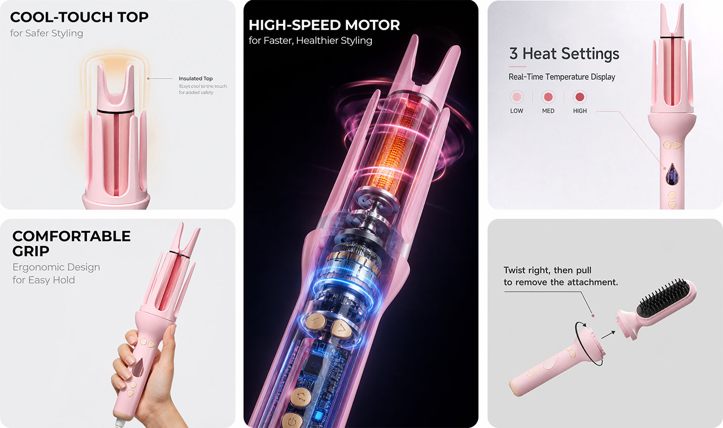 Interchangeable hair styler feature collage with motor, heat settings, grip and twist-lock attachments