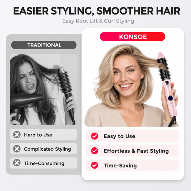 Traditional brush-and-dryer styling compared with the pink KONSOE hair dryer brush on blonde hair