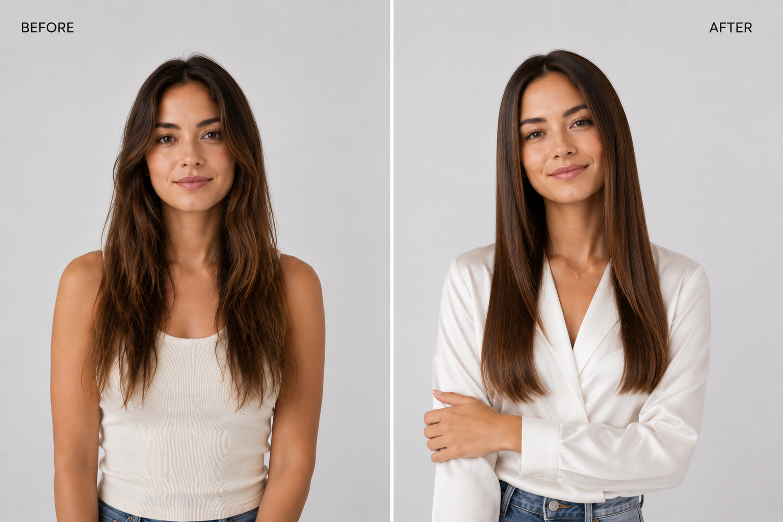 Before and after showing long textured hair styled smooth and straight