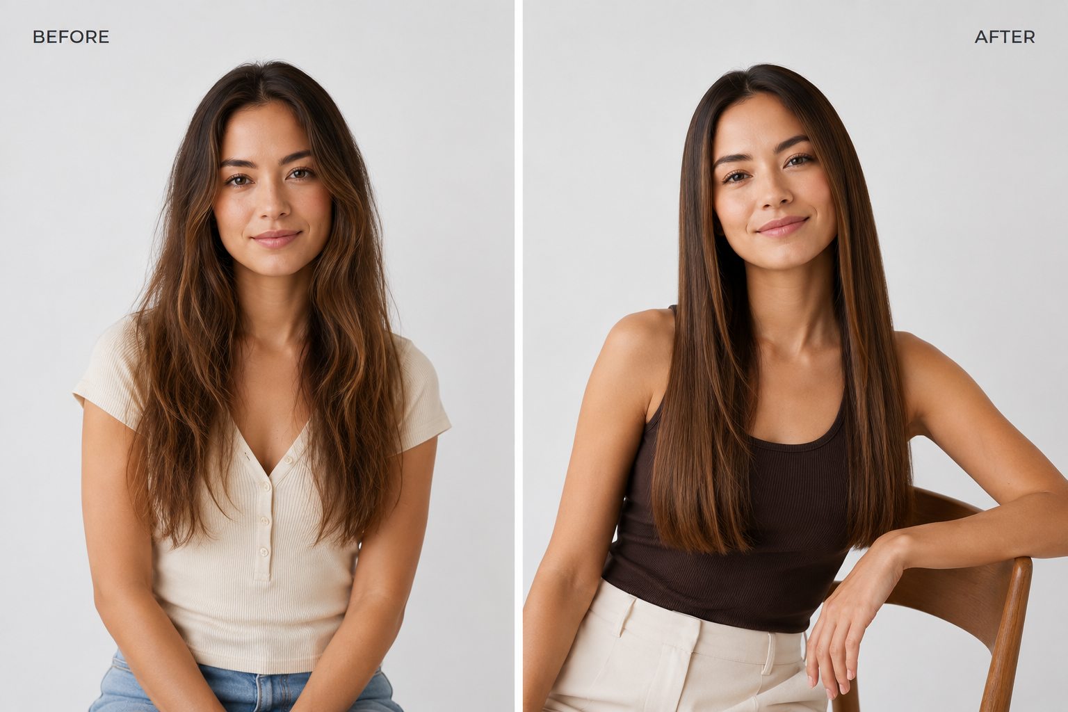 Before and after showing long wavy hair styled smooth and straight with a straightening brush
