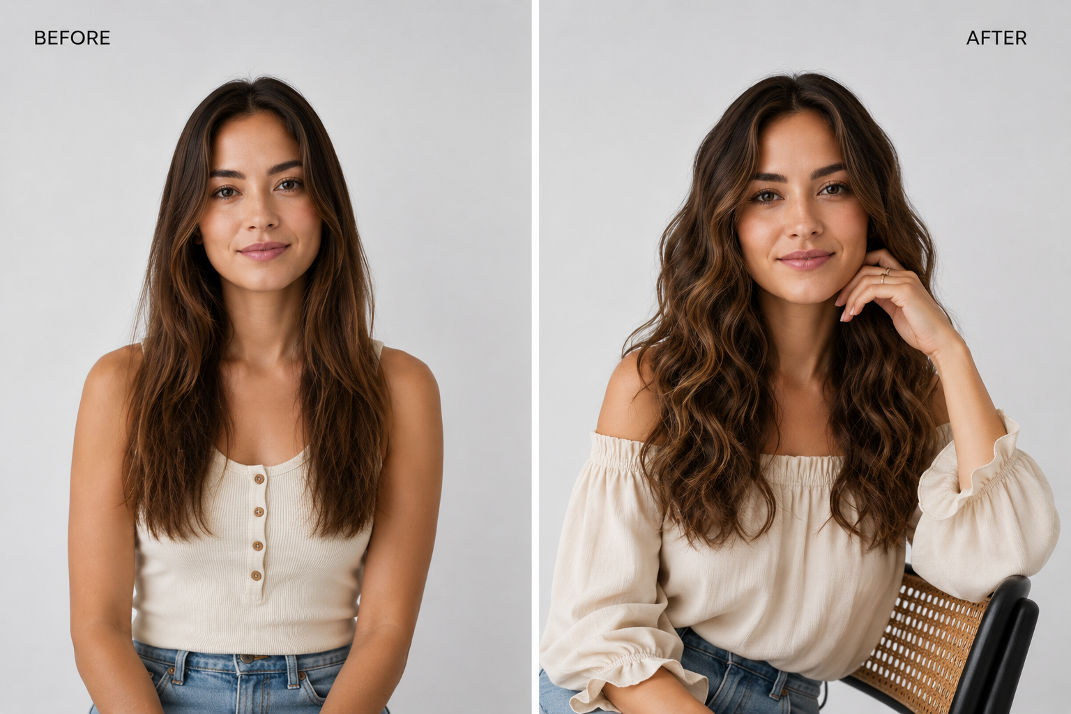 Before and after showing natural waves styled into textured crimped waves