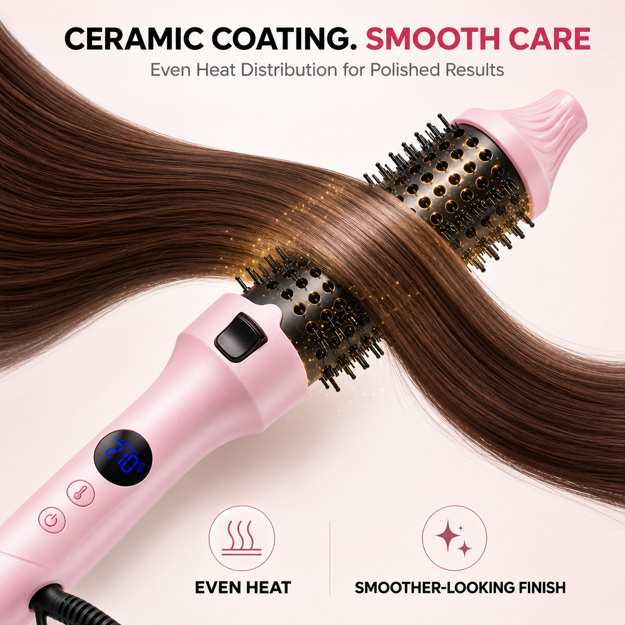 Ceramic-coated pink thermal brush gliding through brown hair for even heat distribution