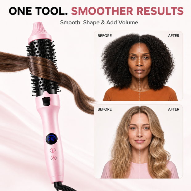 Pink thermal brush before-and-after results on curly and wavy hair