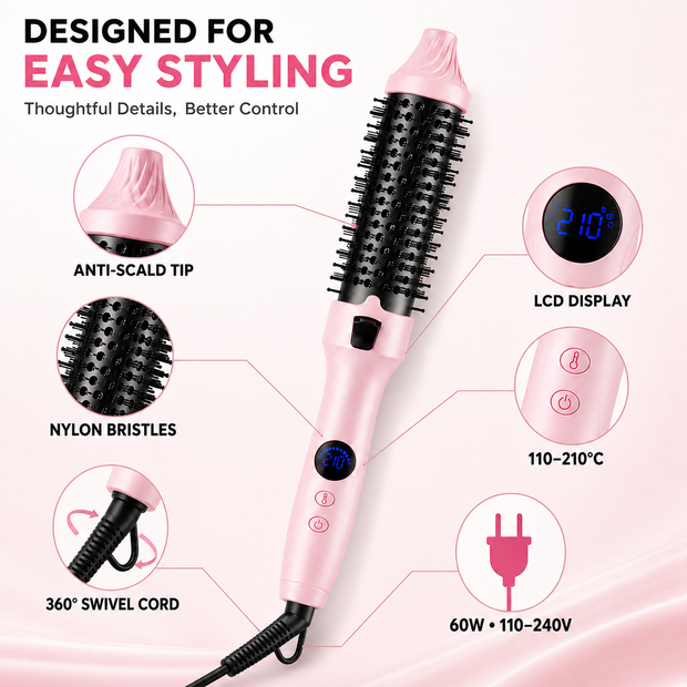 Pink thermal brush with labeled anti-scald tip, bristles, LCD display, controls and swivel cord