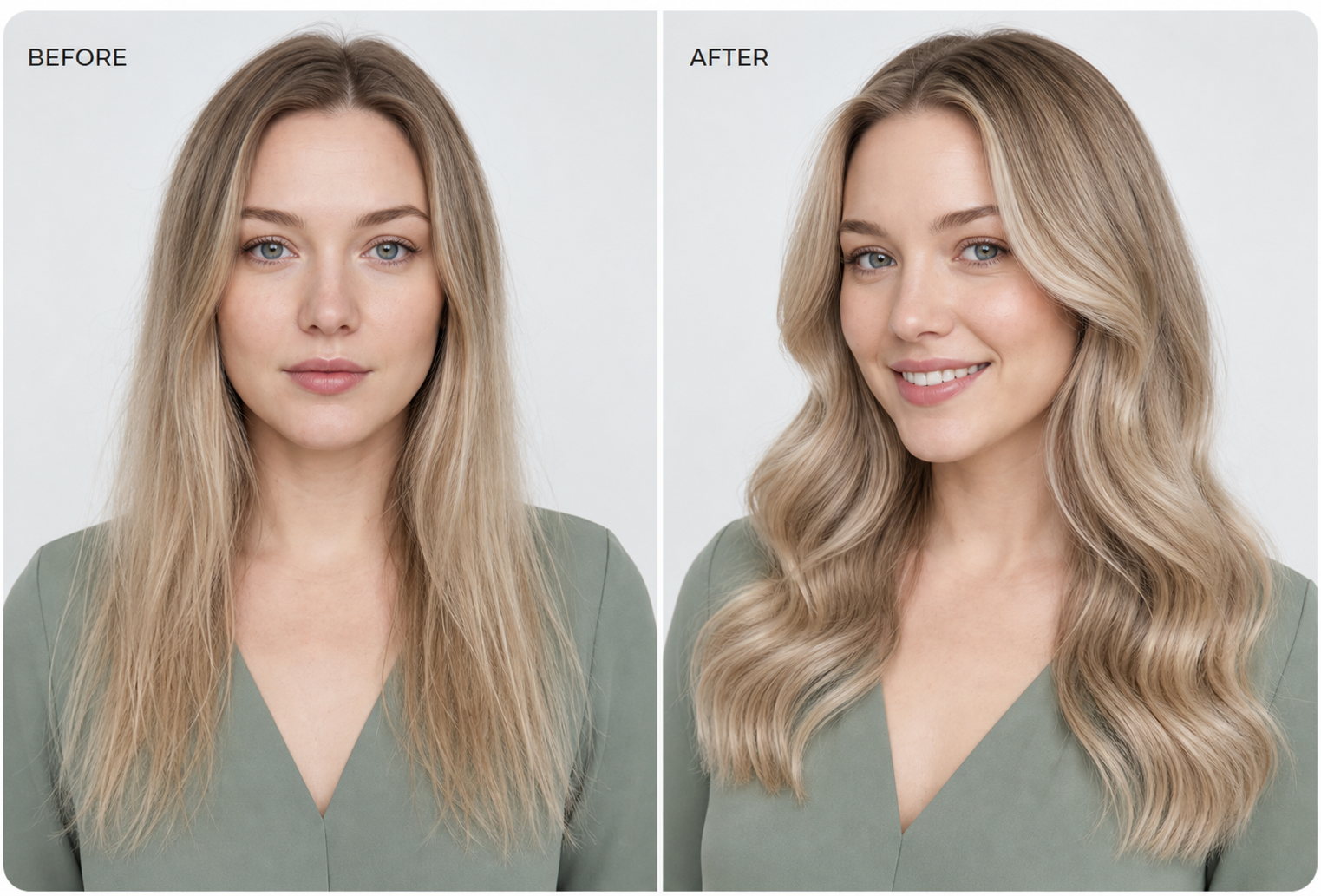 Before and after showing fine straight blonde hair styled into soft waves