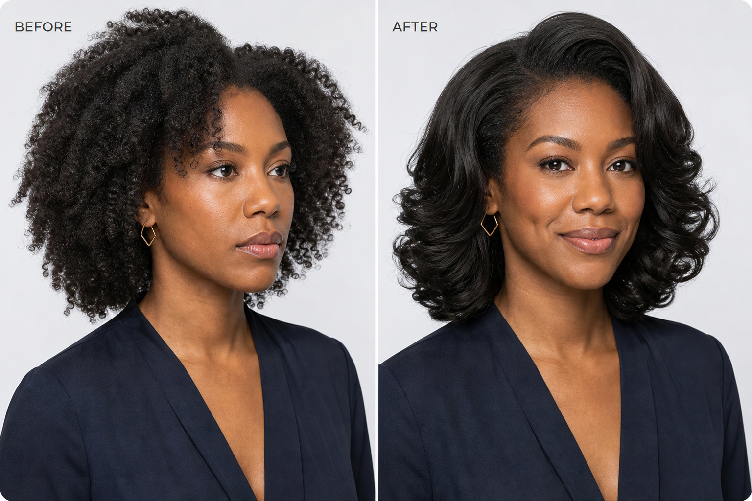 Before and after showing natural curls styled into defined polished curls