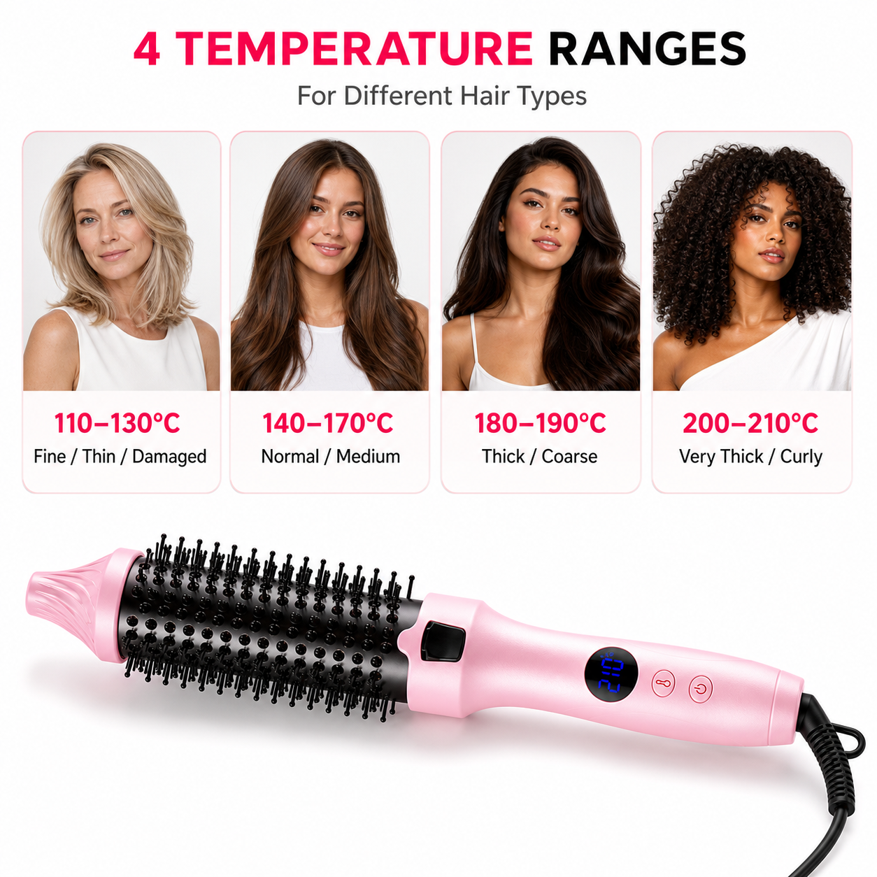 Pink thermal brush temperature guide for fine, normal, thick and very thick or curly hair