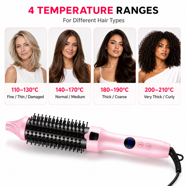 Pink thermal brush temperature guide for fine, normal, thick and very thick or curly hair