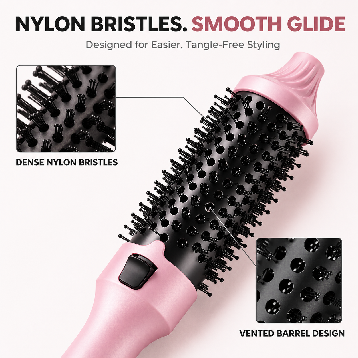Close-up of dense nylon bristles and the vented barrel on a pink thermal brush