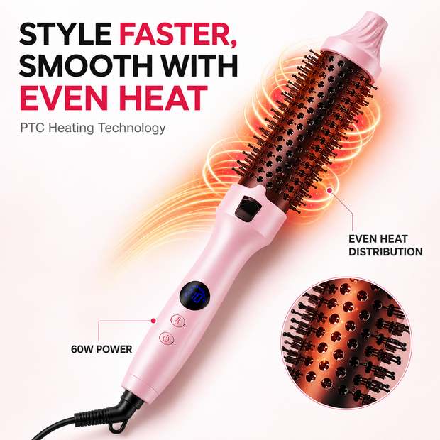 Pink thermal brush infographic illustrating fast PTC heating and even heat distribution