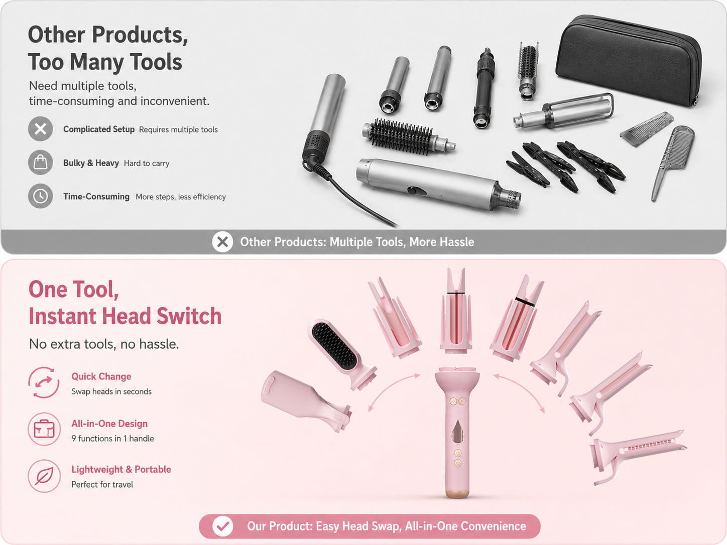 Comparison of multiple hair tools with the KONSOE all-in-one interchangeable styling system
