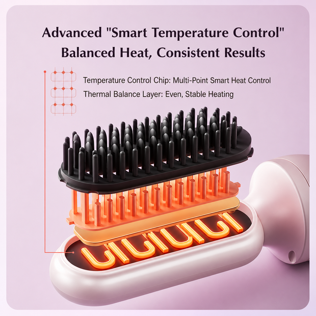 KONSOE styling brush cross-section illustrating temperature control and balanced heating