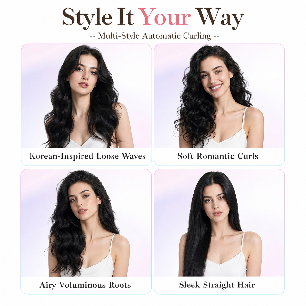 KONSOE multi-styler results showing loose waves, soft curls, airy volume and sleek straight hair