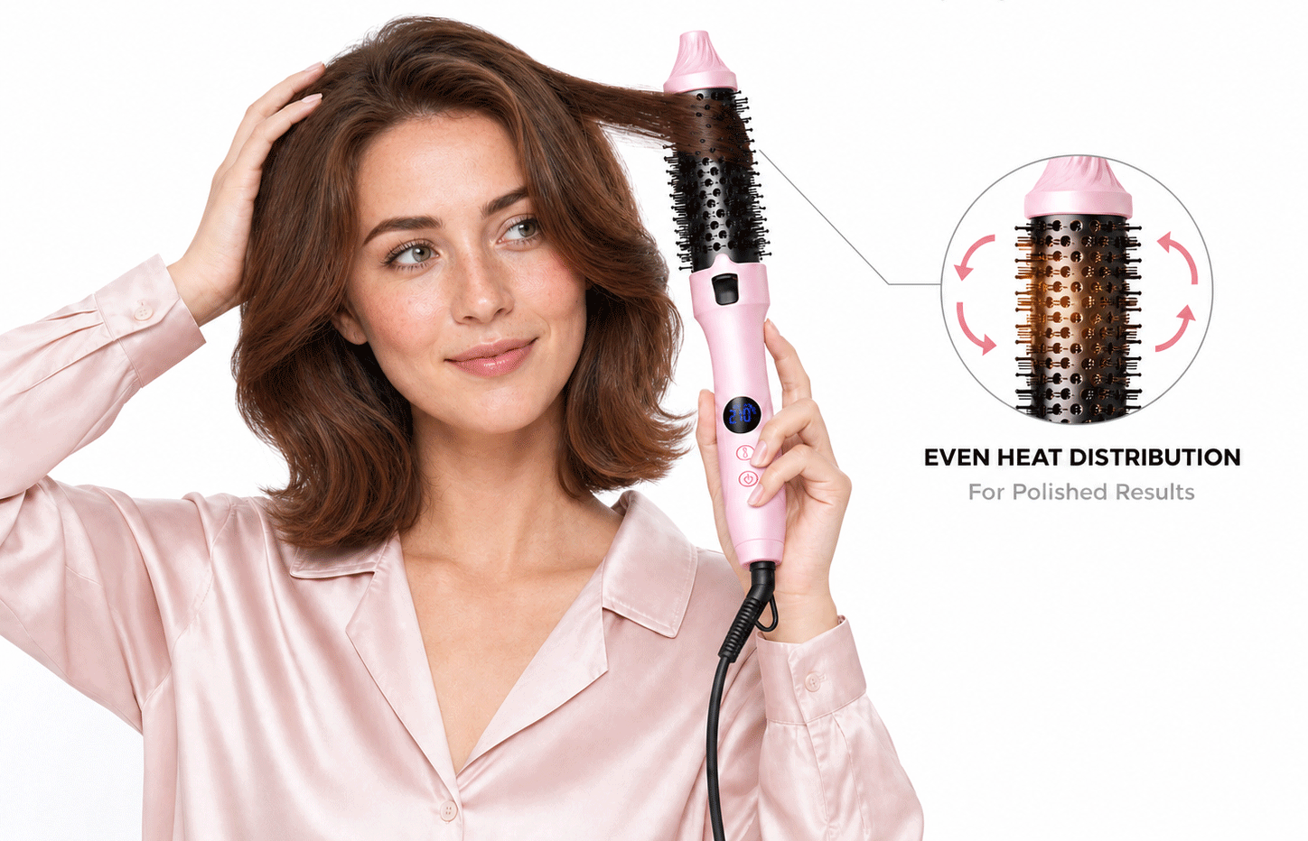 Woman styling shoulder-length brown hair with a pink ceramic-coated thermal brush