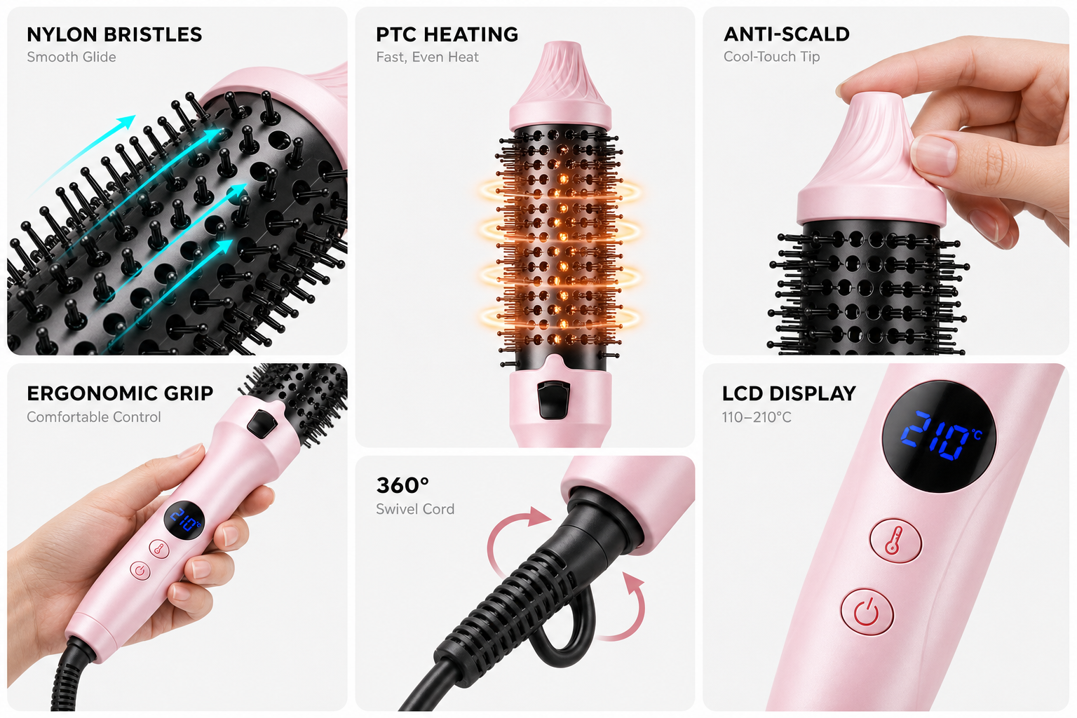 Lavender thermal brush features including nylon bristles, PTC heating, anti-scald tip and LCD display