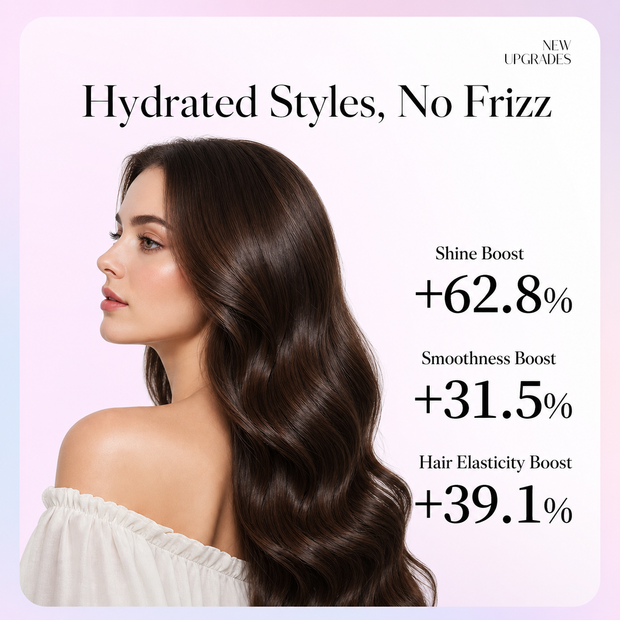 Model with glossy dark hair beside a KONSOE smoothness and shine performance graphic