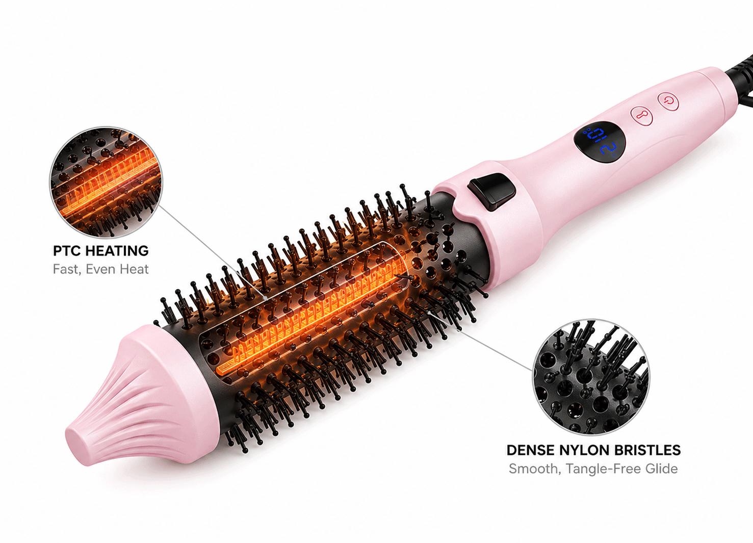 Close-up of a pink thermal brush showing PTC heating and dense nylon bristles