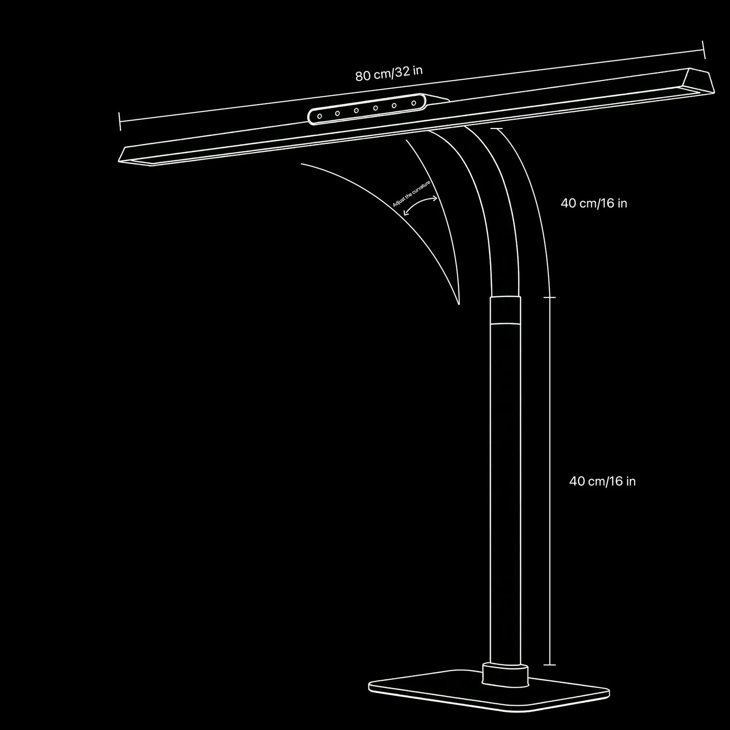 LED desk lamp 32 inch light bar 16 inch height dimensions diagram - KONSOE