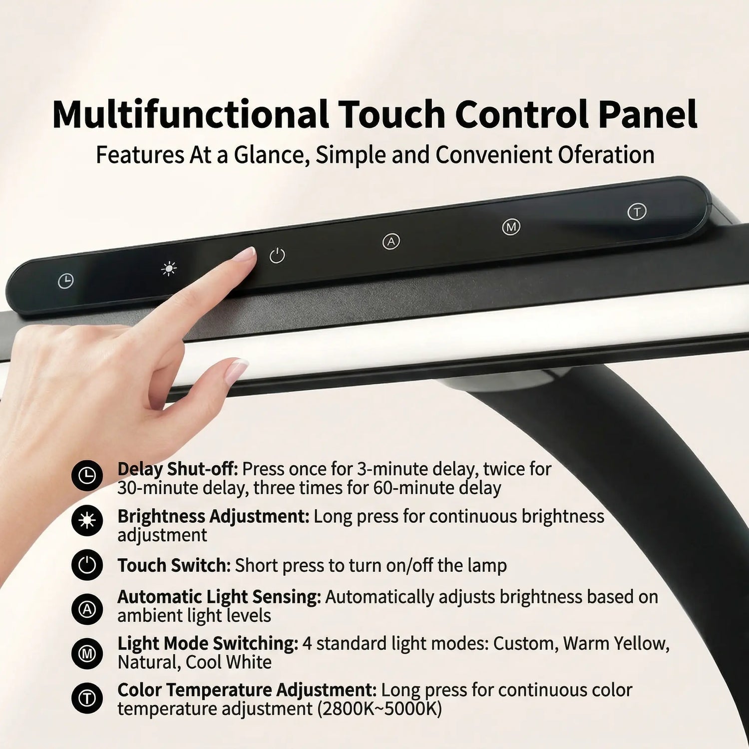 Multifunctional touch control panel LED desk lamp auto dimming color temperature adjustment timer - KONSOE