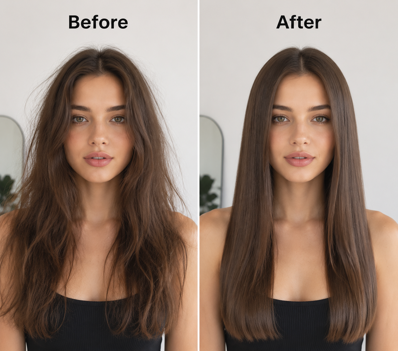 Before and after front view showing frizzy brown hair styled smooth and straight