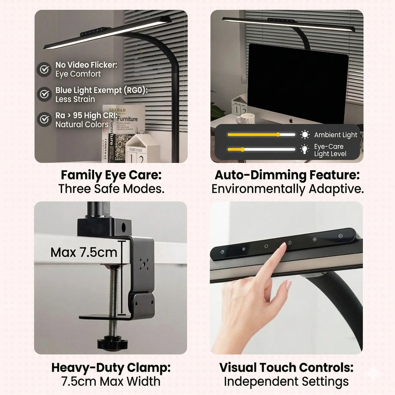 LED desk lamp features eye care high CRI auto-dimming heavy-duty clamp and touch controls - KONSOE