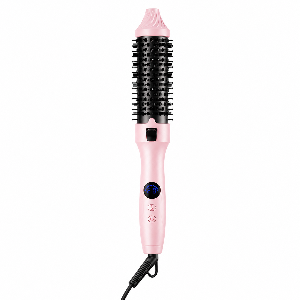 Pink KONSOE hair dryer brush with round bristle barrel and digital temperature display