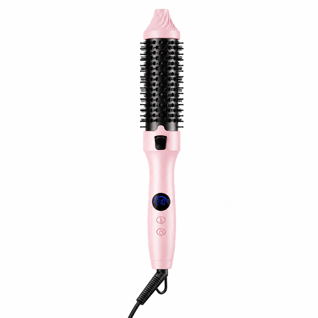 Pink KONSOE hair dryer brush with round bristle barrel and digital temperature display