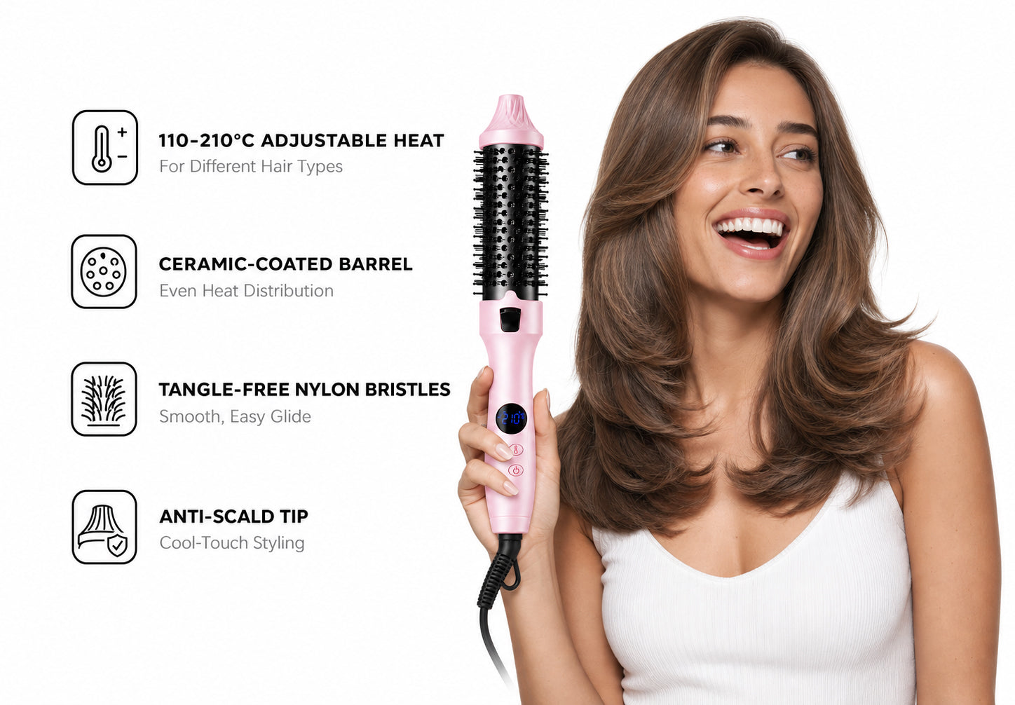 Woman holding a pink thermal brush beside adjustable heat, ceramic barrel, bristle and anti-scald features