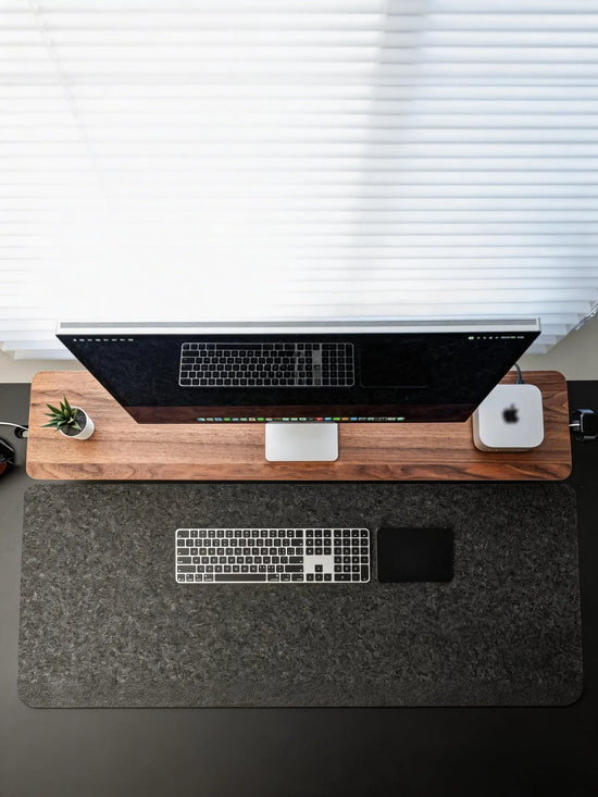 Walnut wood monitor stand and felt desk pad for Mac Mini setup - KONSOE