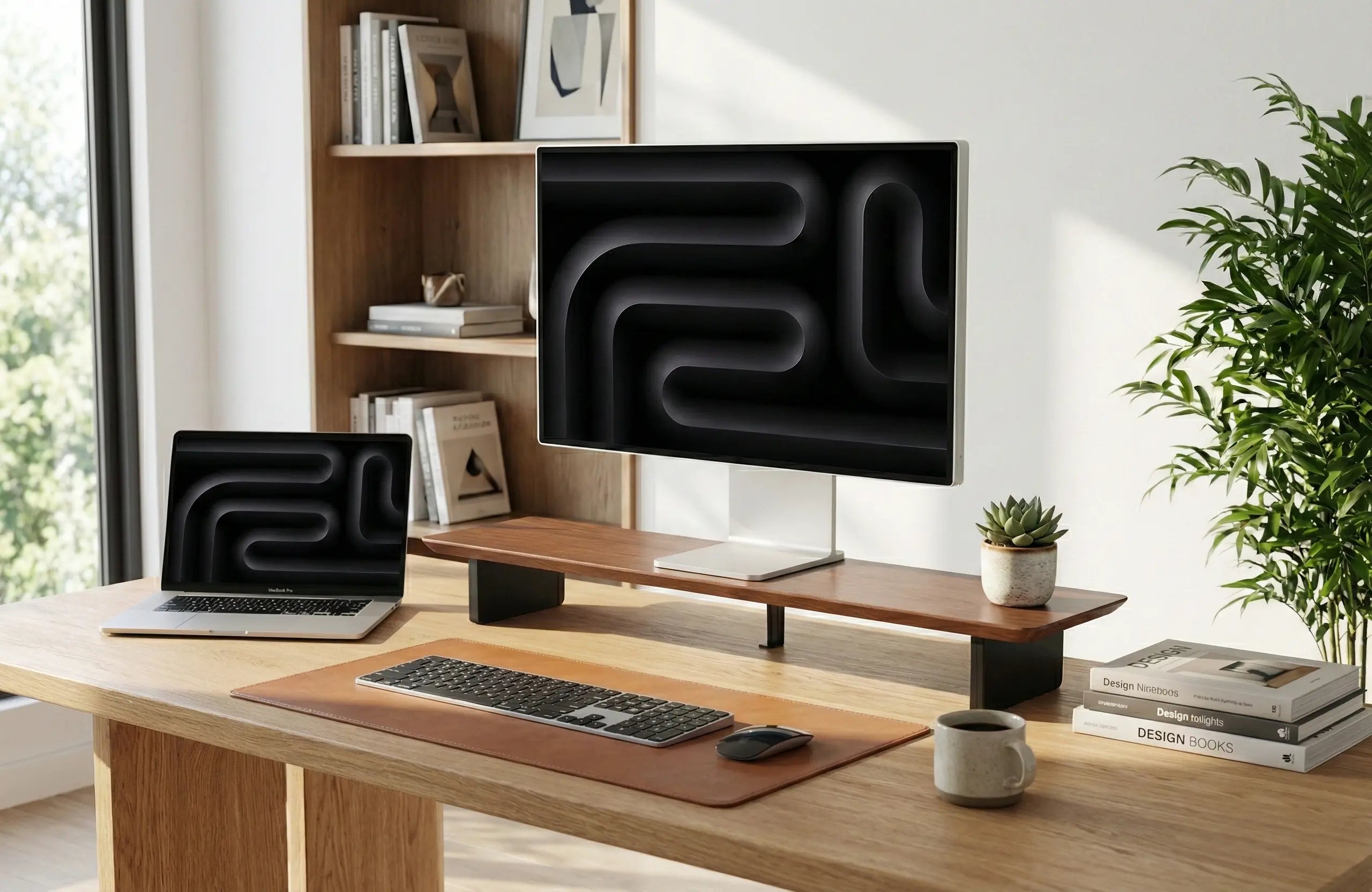 KONSOE Walnut Monitor Stand Riser for Minimalist MacBook Pro Setup